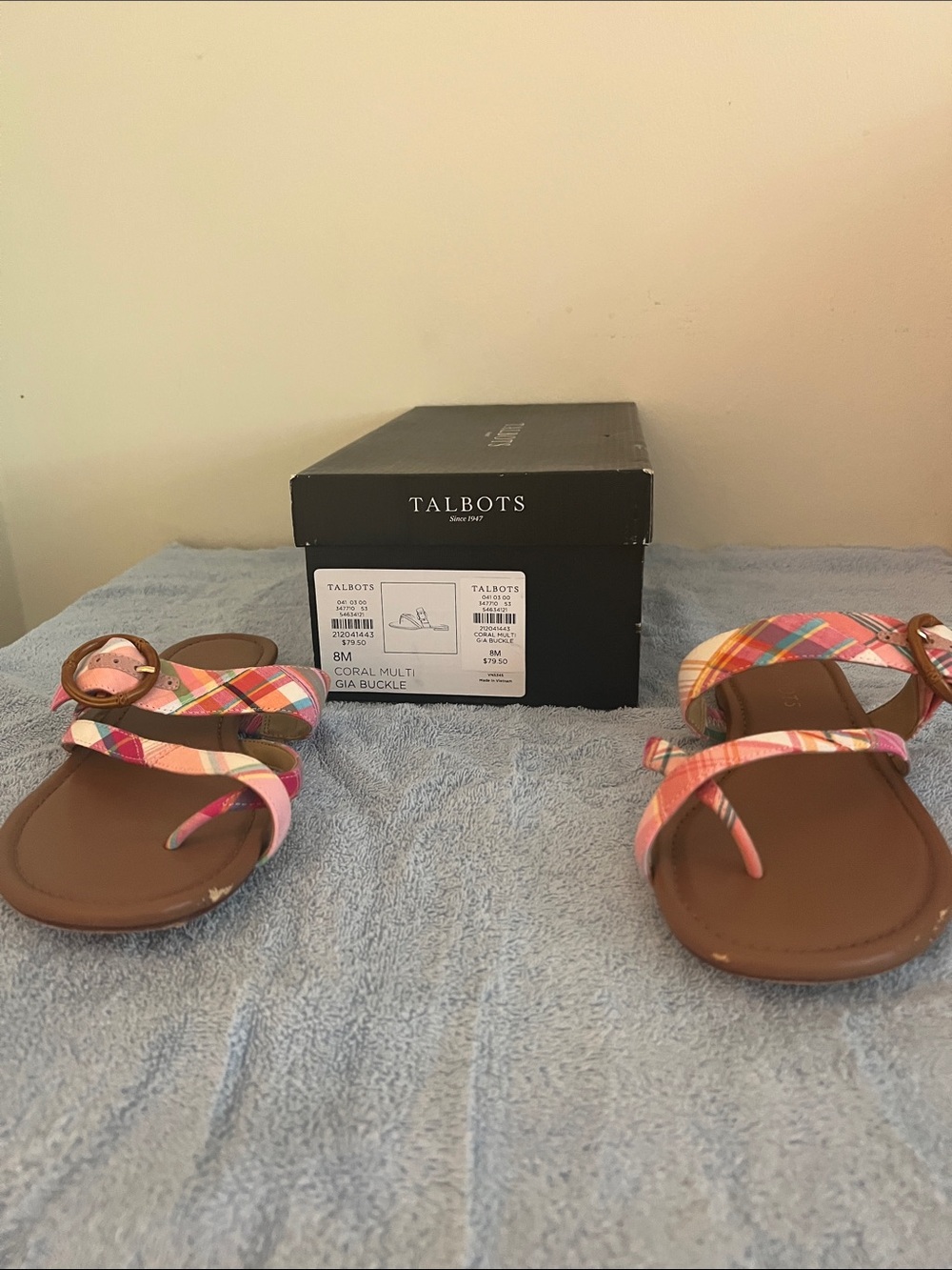 Talbots Coral Plaid Buckle Toe-Loop Sandals